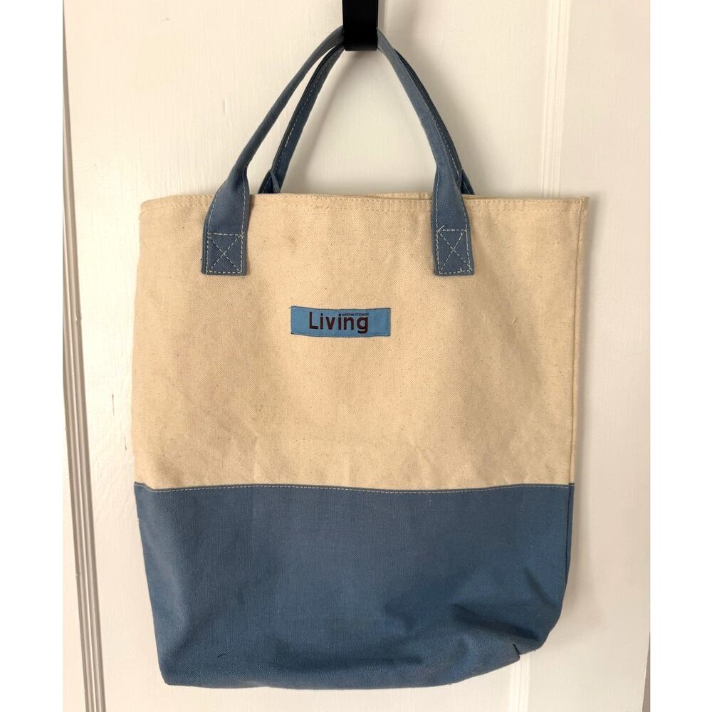 Martha Stewart Living Blue and Cream Short Handlte Cotton Tote Bag
